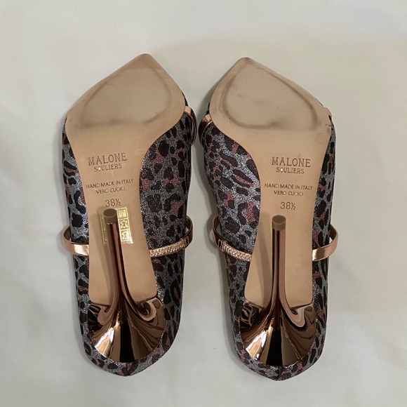 Malone Souliers Leopard Print Maureen Mules with Rose Gold Straps and heel - Picture 7 of 8